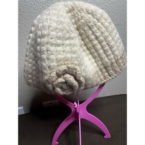 Handmade Wool Cloche Beanie Cream Knit Flower Hat Boho Cottagecore Nepal